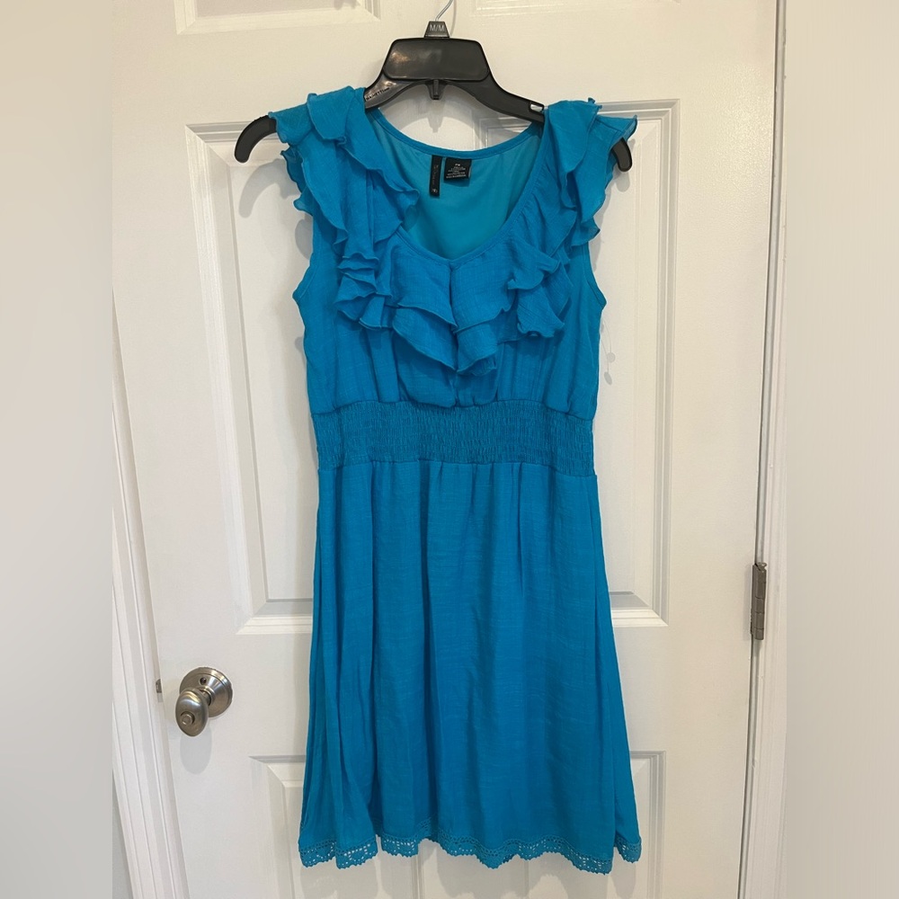 Bright blue ruffled neck line summer dress
